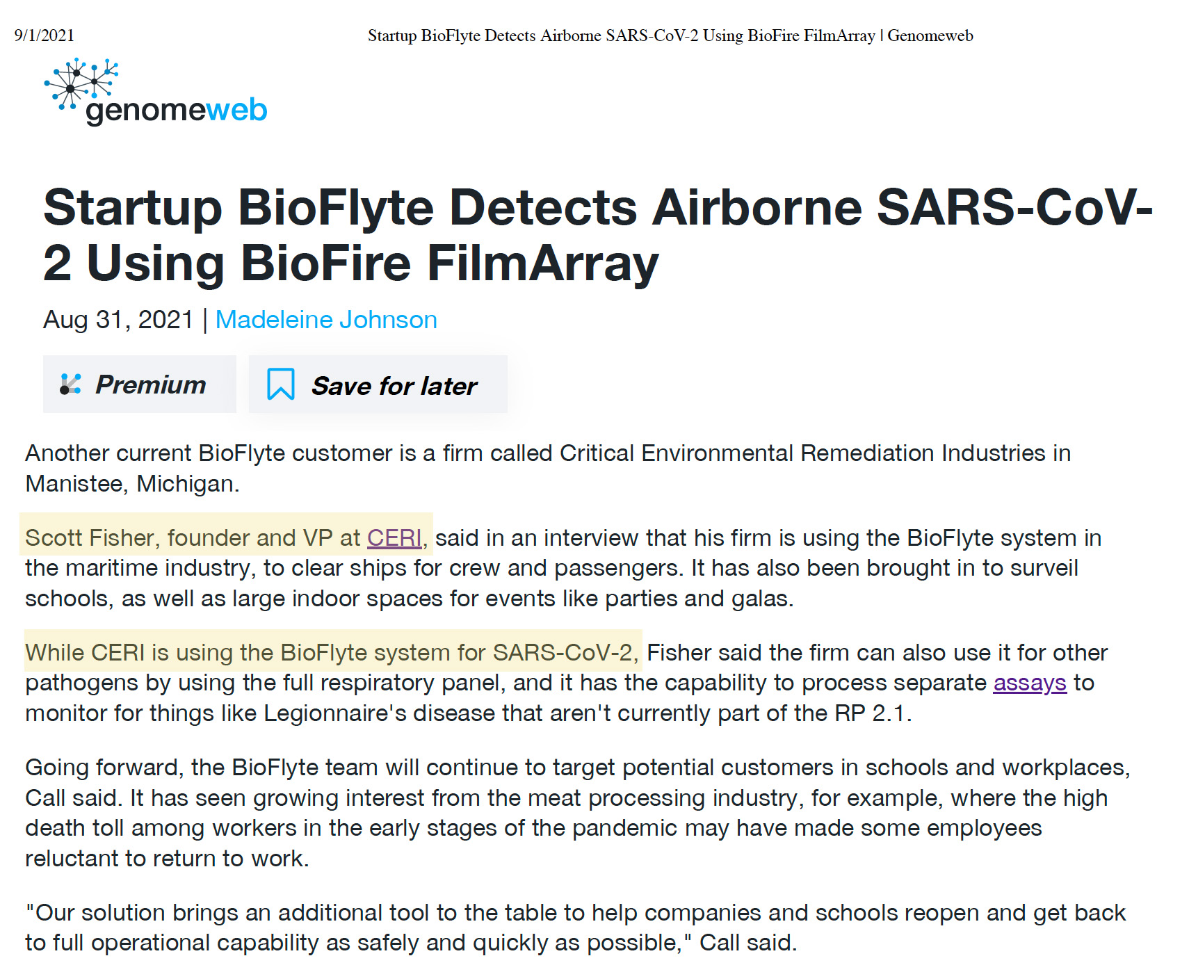 GenomeWeb: Startup BioFlyte Detects Airborne SARS-CoV-2 Using BioFire FilmArray