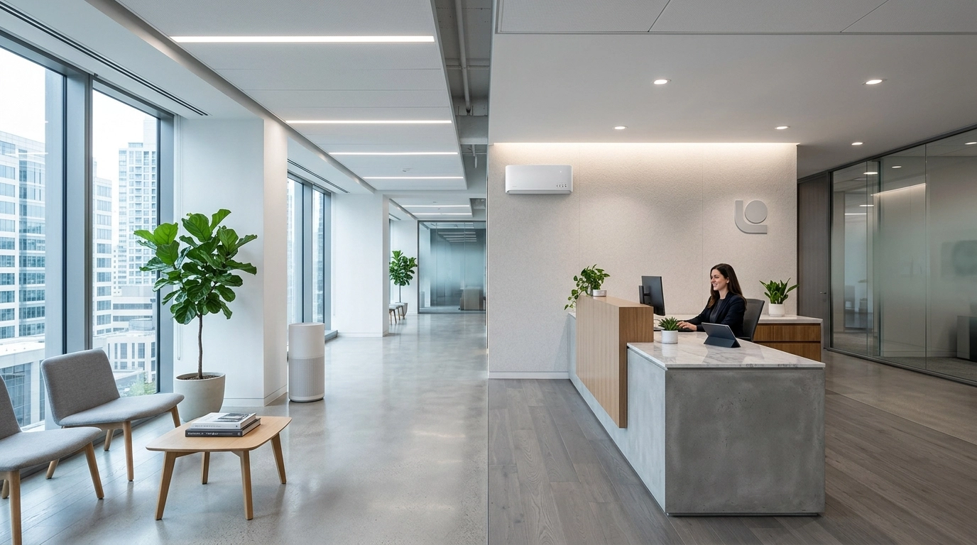 Modern office reception area with AerVi air sanitizers