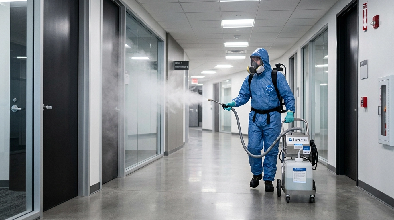 SteraMist decontamination equipment releasing disinfecting mist in a commercial building