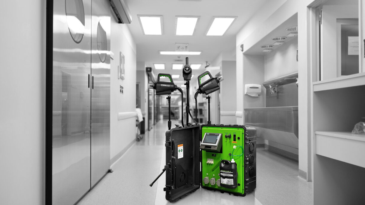 SteraMist iHP system deployed in a sterile facility hallway
