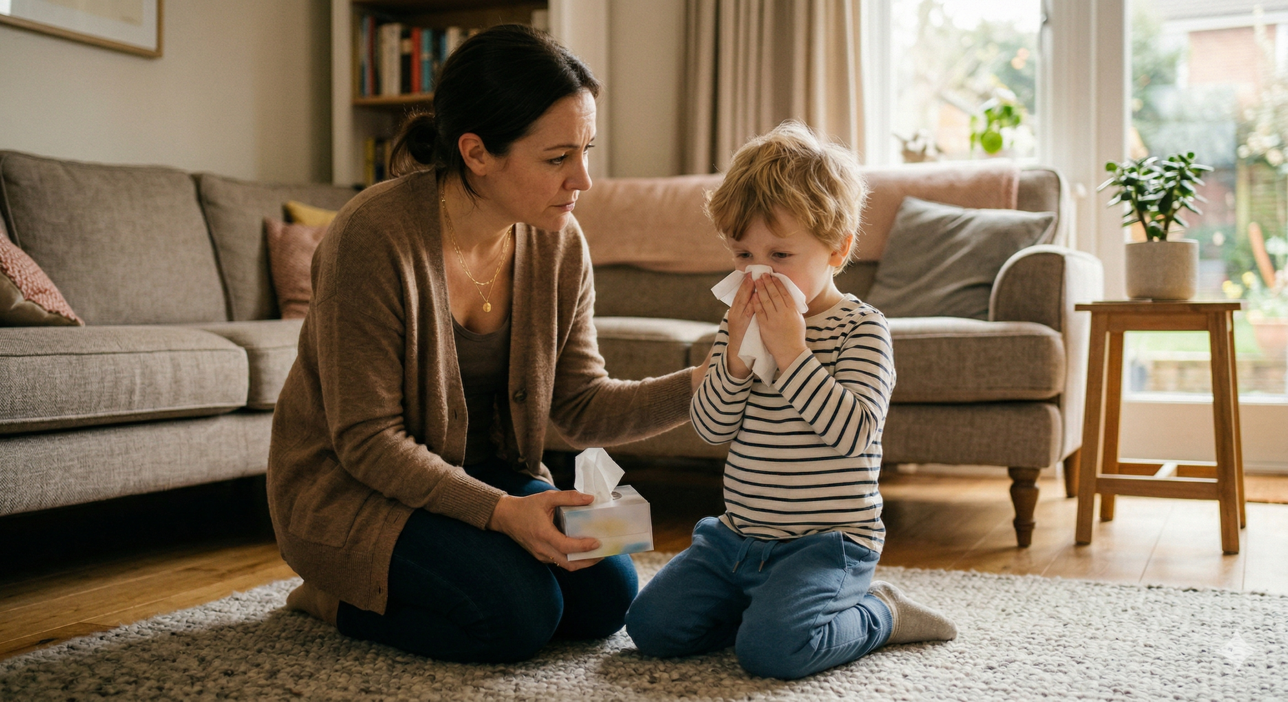 Child with allergies at home — indoor air quality issues